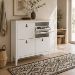 Wyld Haus Milese White & Oak Effect 4 Drawer Shoe Cabinet Faux Leather Handles