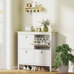 Wyld Haus Milese White & Oak Effect 4 Drawer Shoe Cabinet Faux Leather Handles - thumbnail 3