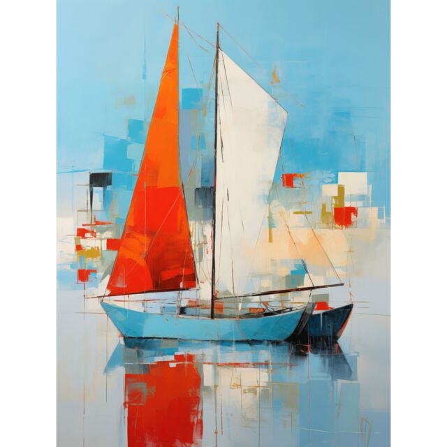 Artery8 Wall Art Print Abstract Sailing Boats Ships Oil Painting Palette Knife Bathroom Artwork Vibrant Orange Blue Harbor Seascape Poster - image 1
