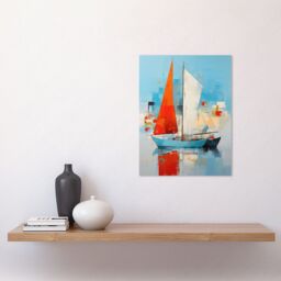 Artery8 Wall Art Print Abstract Sailing Boats Ships Oil Painting Palette Knife Bathroom Artwork Vibrant Orange Blue Harbor Seascape Poster - thumbnail 2