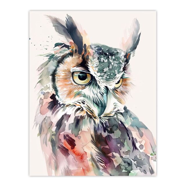 "Artery8 Great Horned Owl Portrait Modern Watercolour Wall Art Print - Size: W24"" x H32""" - image 1