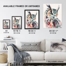 "Artery8 Great Horned Owl Portrait Modern Watercolour Wall Art Print - Size: W24"" x H32""" - thumbnail 3