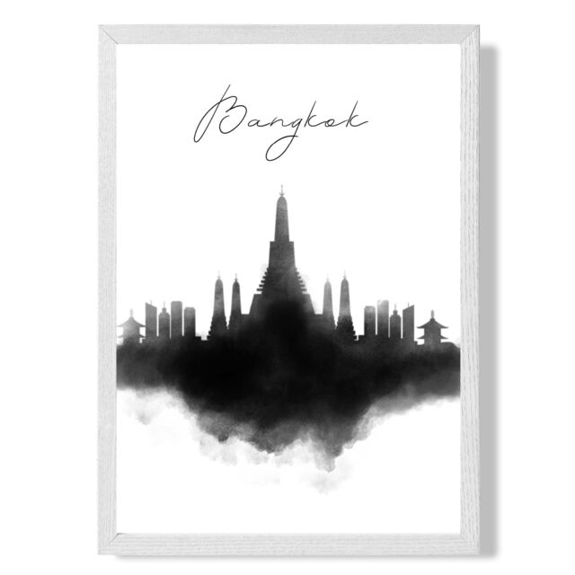ARTZE Bangkok Watercolour Skyline City Framed Print SIZE: A2 with White Frame in Black - Size: A4 - image 1