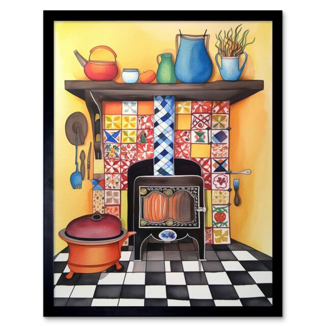 "Artery8 Wall Art Print Kitchen Hearth Fireplace With Multicoloured Tiles Folk Art Watercolour Painting Art Framed in Black - Size: W12"" x H16""" - image 1