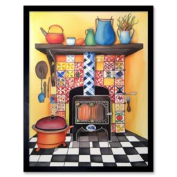 "Artery8 Wall Art Print Kitchen Hearth Fireplace With Multicoloured Tiles Folk Art Watercolour Painting Art Framed in Black - Size: W12"" x H16""" - thumbnail 1