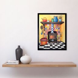 "Artery8 Wall Art Print Kitchen Hearth Fireplace With Multicoloured Tiles Folk Art Watercolour Painting Art Framed in Black - Size: W12"" x H16""" - thumbnail 2