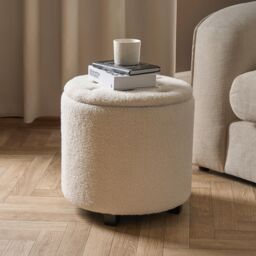 OHS Stool Storage Ottoman Boucle Fleece Vanity Seat Soft Foot Rest Pouffe Home Chair in Cream - thumbnail 2