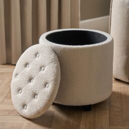 OHS Stool Storage Ottoman Boucle Fleece Vanity Seat Soft Foot Rest Pouffe Home Chair in Cream - thumbnail 3