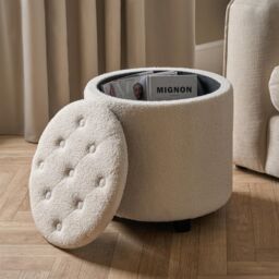 OHS Stool Storage Ottoman Boucle Fleece Vanity Seat Soft Foot Rest Pouffe Home Chair in Cream - thumbnail 4