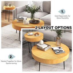 Costway 2PCS Round Nesting Tables Boho Farmhouse Accent Coffee Tables w/Adjustable Foot in Natural - thumbnail 5