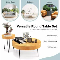 Costway 2PCS Round Nesting Tables Boho Farmhouse Accent Coffee Tables w/Adjustable Foot in Natural - thumbnail 4