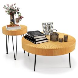 Costway 2PCS Round Nesting Tables Boho Farmhouse Accent Coffee Tables w/Adjustable Foot in Natural