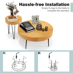 Costway 2PCS Round Nesting Tables Boho Farmhouse Accent Coffee Tables w/Adjustable Foot in Natural - thumbnail 6