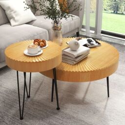 Costway 2PCS Round Nesting Tables Boho Farmhouse Accent Coffee Tables w/Adjustable Foot in Natural - thumbnail 2