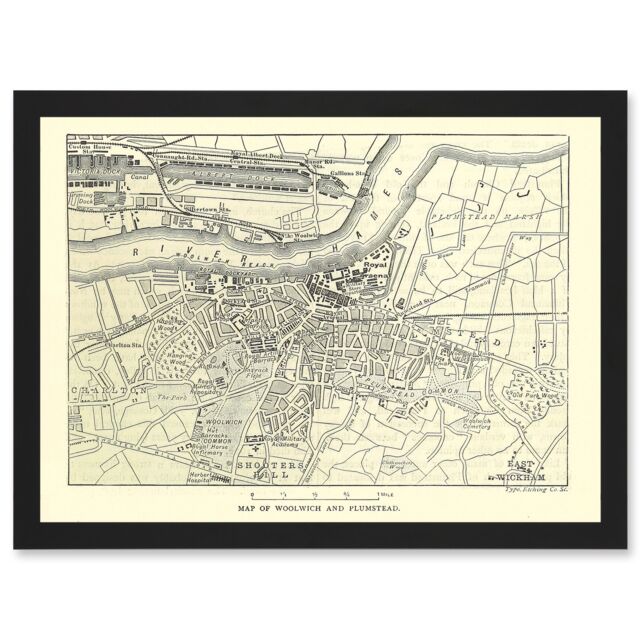 Artery8 Map Antique Woolwich Plumstead London River Thames Artwork Framed Wall Art Print A4 in Black - image 1