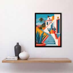 Artery8 Wall Art Print Mexican Village Cactus Colourful Hispanic Latino Art Framed Poster in Black - Size: A4 - thumbnail 4