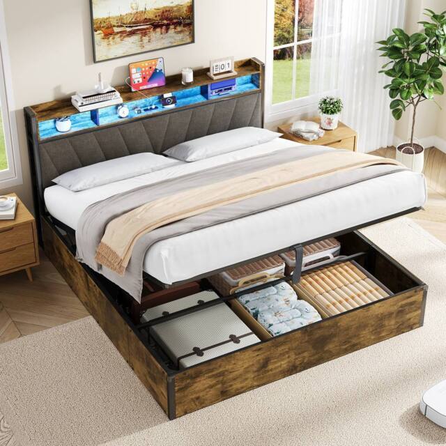 BTM Hydraulic Bed Frame with RGB Headboard & USB-C, Easy Assembly in Dark Brown - Size: King - image 1
