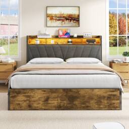 BTM Hydraulic Bed Frame with RGB Headboard & USB-C, Easy Assembly in Dark Brown - Size: King - thumbnail 3