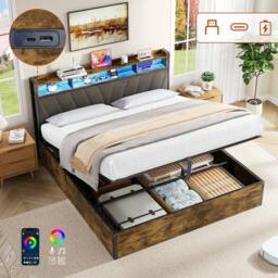BTM Hydraulic Bed Frame with RGB Headboard & USB-C, Easy Assembly in Dark Brown - Size: King - thumbnail 4