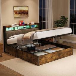 BTM Hydraulic Bed Frame with RGB Headboard & USB-C, Easy Assembly in Dark Brown - Size: King - thumbnail 2