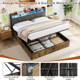 BTM Hydraulic Bed Frame with RGB Headboard & USB-C, Easy Assembly in Dark Brown - Size: King - thumbnail 5