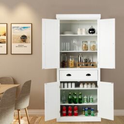 Costway Wood Tall Storage Cabinet 2 Doors Display Organizer Freestanding Pantry Cupboard in White - thumbnail 4