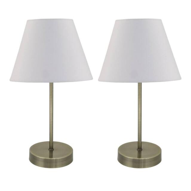 First Choice Lighting Set of 2 Antique Brass Stick Table Lamps with Ivory Off-White Shades in Bronze - image 1