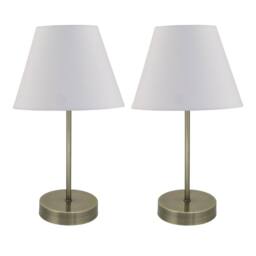 First Choice Lighting Set of 2 Antique Brass Stick Table Lamps with Ivory Off-White Shades in Bronze