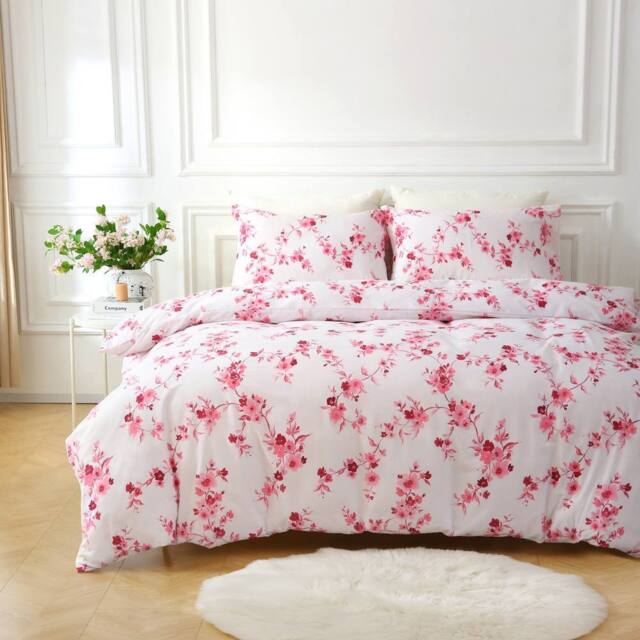 Portfolio Home Sakura Blossom Floral Duvet Cover Set With Pillow Case Bed Linen in Pink - Size: Double - image 1