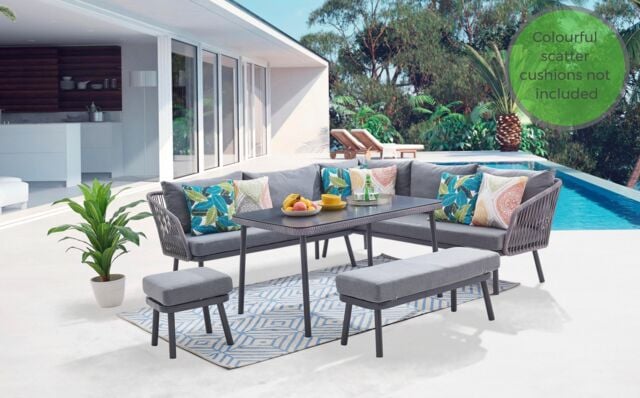 Home Detail Tavira Corner Garden Furniture Dining Set Dark Grey Wicker Rope Style Bench & Footstool - image 1