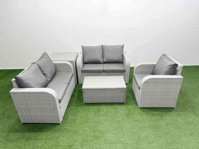 Fimous High Back Poly Rattan Garden Furniture Set w/ Reclining Chair Loveseat Sofa Rectangular Coffee Table Indoor Outdoor Patio Set Side Table Light - image 1