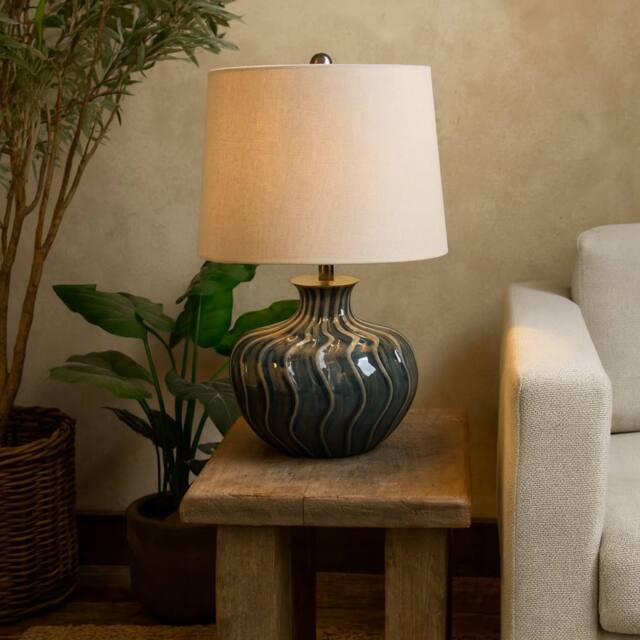 Wyld Haus Conques Ribbed Ceramic Table Lamp Black Base with Cream Linen Shade - image 1
