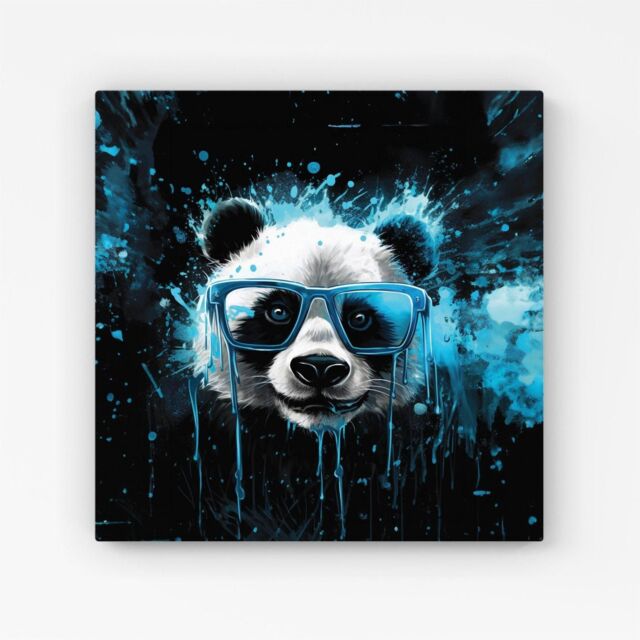 Warren Reed - Designer Blue Splashart Panda Face Canvas - Size: w10 inch x h10 inch - image 1