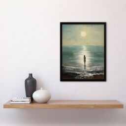Artery8 Looking Out To Sea Oil Painting Alone At The Water Shore Moonlit Beach Seascape Art Print Framed Poster Wall Decor in Black - Size: A4 - thumbnail 4