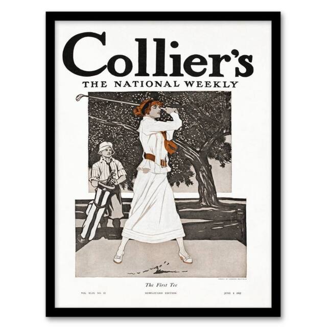 Artery8 Edward Penfield Framed Wall Art Woman Golfer First Tee Vintage Magazine Cover in White - Size: A4 - image 1