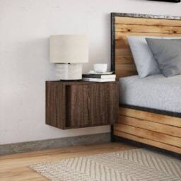 Berkfield Home Durable Wall-mounted Bedside Cabinet with LED Lights Brown Oak - thumbnail 4