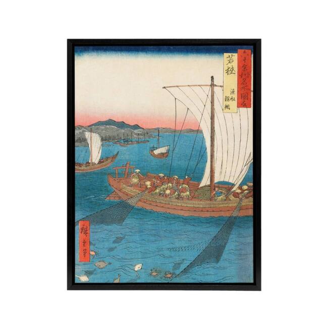 "Artery8 Flatfish Netting & Fish Boats Framed Canvas Wall Art Print Hiroshige in Blue - Size: W12"" x H16""" - image 1