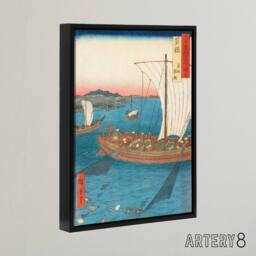 "Artery8 Flatfish Netting & Fish Boats Framed Canvas Wall Art Print Hiroshige in Blue - Size: W12"" x H16""" - thumbnail 2