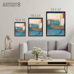 "Artery8 Flatfish Netting & Fish Boats Framed Canvas Wall Art Print Hiroshige in Blue - Size: W12"" x H16""" - thumbnail 4