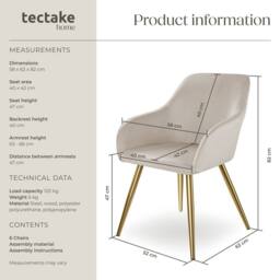 tectake Accent Chair Marilyn Set Of 6 - Taupe/Gold in Taupe - Size: 6 Pack - thumbnail 6