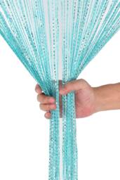Neel Blue Glitter String Curtain Panel, Ivory, 200cm x 100cm in Turquoise - Size: 100 cm width x 200 cm drop - thumbnail 3
