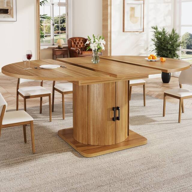 Merax Extendable Round To Oval Wooden Dining Table with Storage Drawer in Brown - image 1