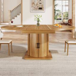 Merax Extendable Round To Oval Wooden Dining Table with Storage Drawer in Brown - thumbnail 8