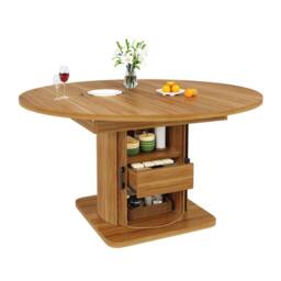 Merax Extendable Round To Oval Wooden Dining Table with Storage Drawer in Brown - thumbnail 6