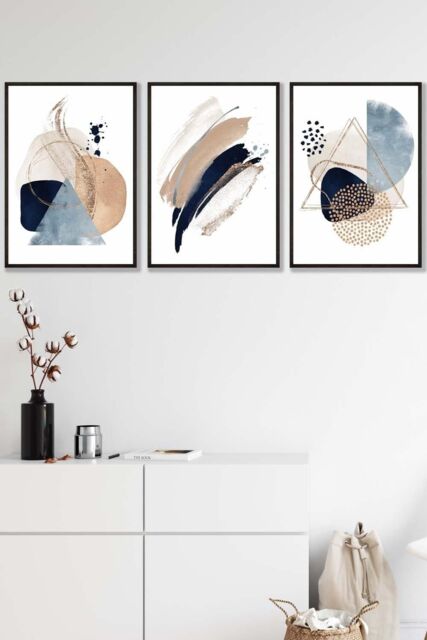 ARTZE Framed Abstract Blue Beige Watercolour Shapes Framed Wall Art - Medium in Black - Size: W45 cm x H62 cm x D20mm - image 1