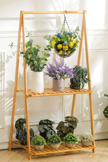 Living and Home 2-Tier Foldable Hanging Plant Stand Planter Shelves Flower Pot Organizer Rack in Natural - image 1