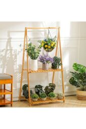 Living and Home 2-Tier Foldable Hanging Plant Stand Planter Shelves Flower Pot Organizer Rack in Natural - thumbnail 7