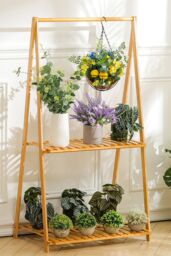 Living and Home 2-Tier Foldable Hanging Plant Stand Planter Shelves Flower Pot Organizer Rack in Natural