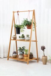 Living and Home 2-Tier Foldable Hanging Plant Stand Planter Shelves Flower Pot Organizer Rack in Natural - thumbnail 2