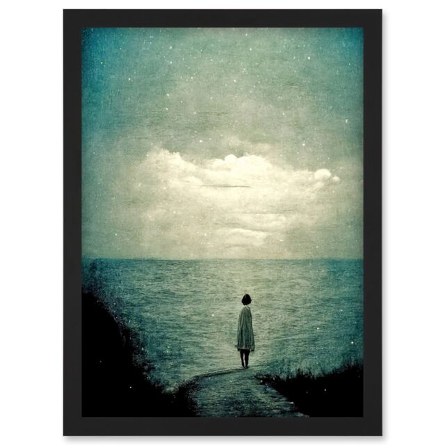 Artery8 Looking Out To Sea Dreamscape Lone Woman Dusk Calm Elegant Panting Artwork Framed Wall Art Print A4 in Black - image 1